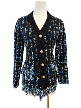 By Anthropologie Tweed Fringe Cardigan Sweater XXS NWT Black Blue Gold Button Ne